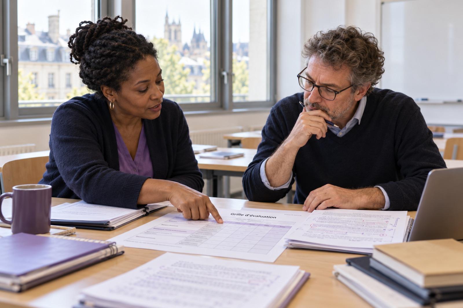 Deux enseignants comparent leurs appréciations sur une même copie, une grille d’évaluation entre eux.