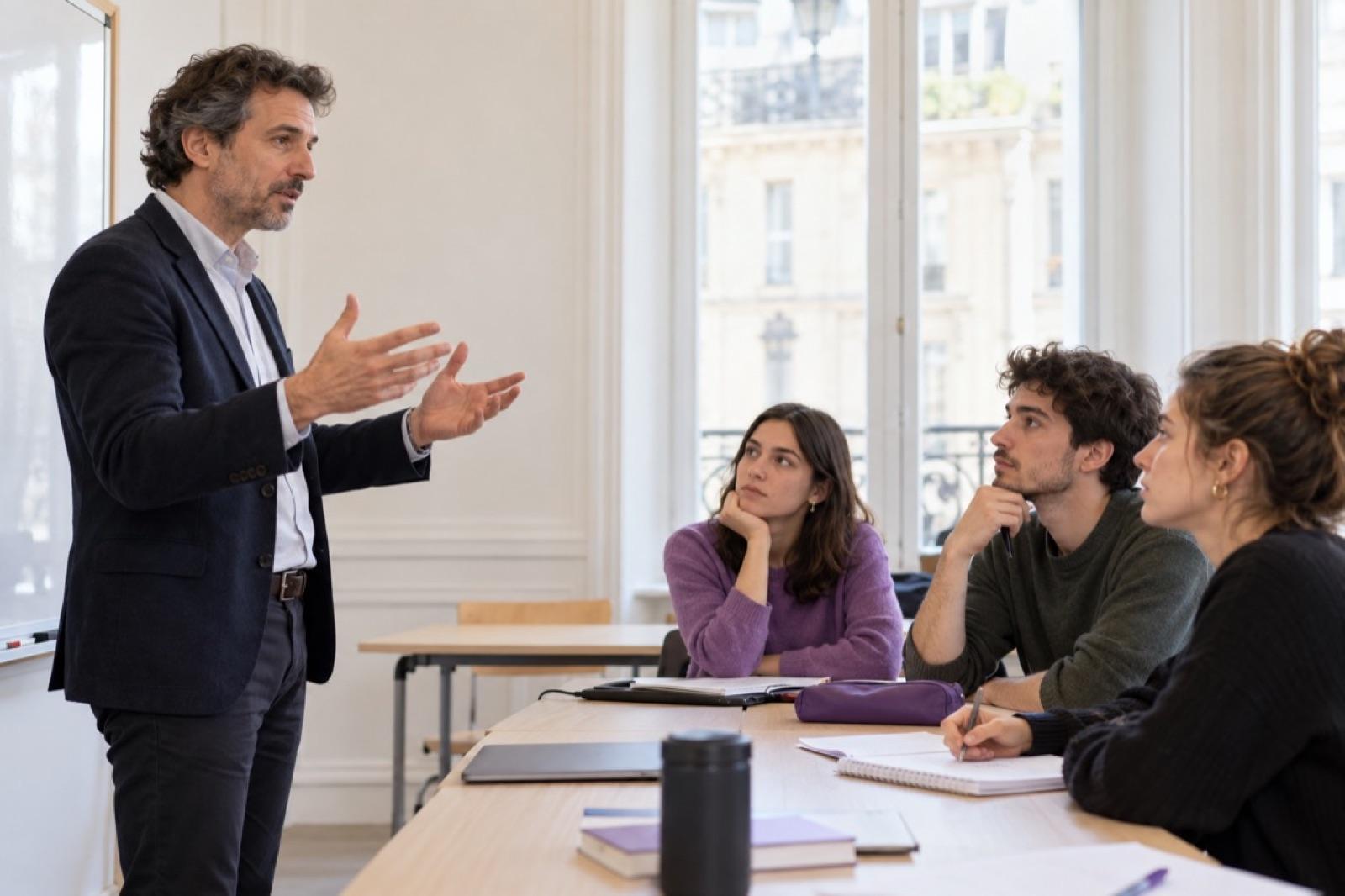 Un enseignant donne son cours à un petit groupe d’étudiants.