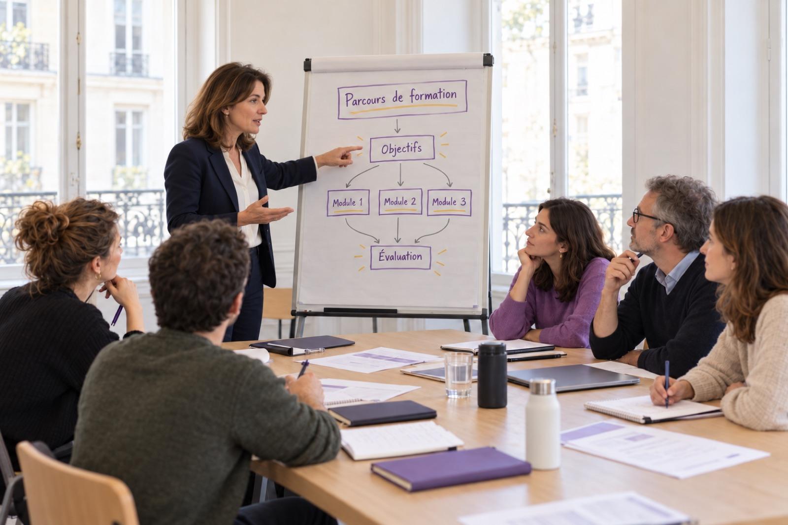 Une responsable pédagogique présente un parcours de formation à son équipe, devant un paperboard.
