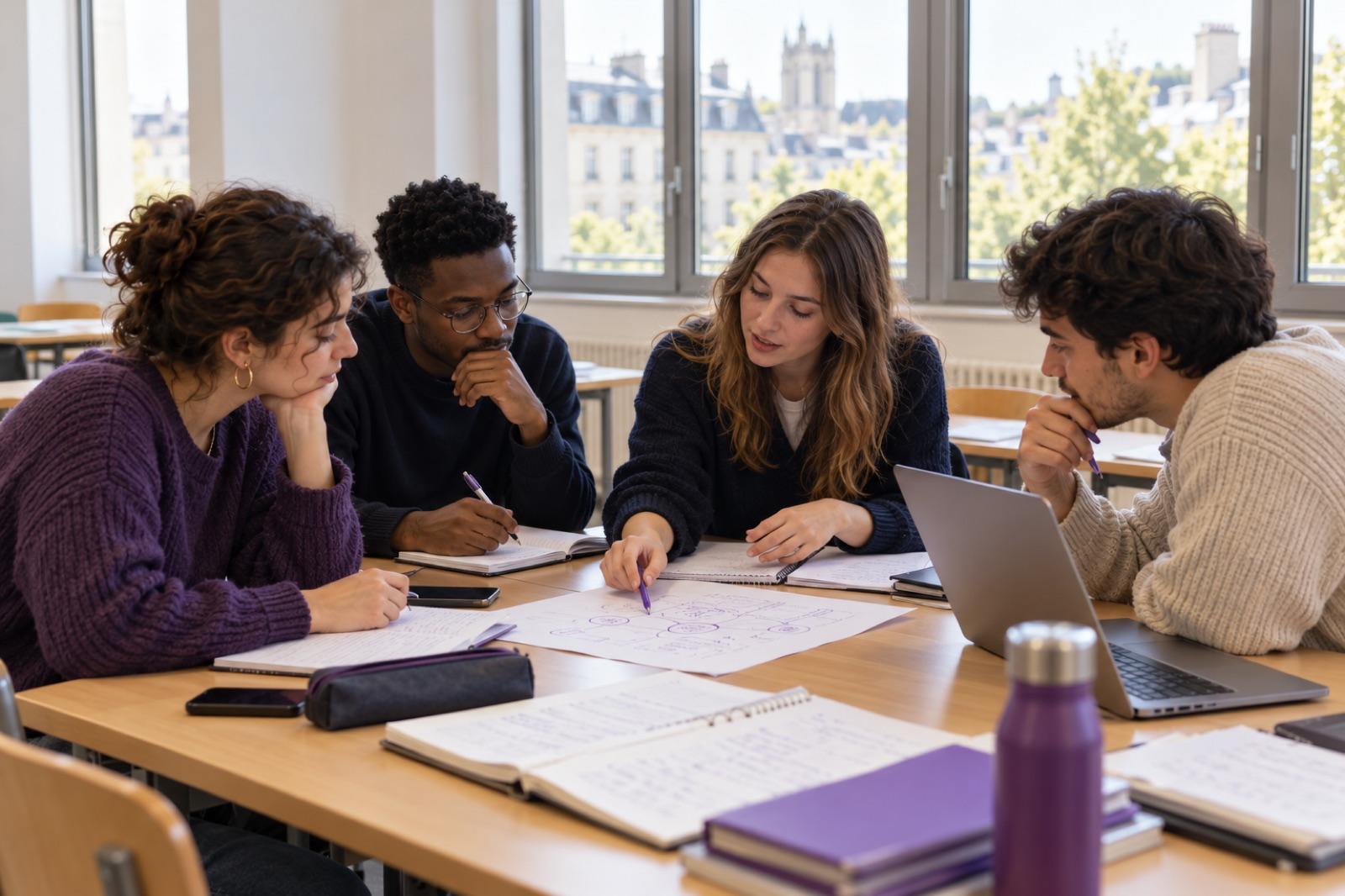 Quatre étudiants résolvent un cas pratique autour d’une table.