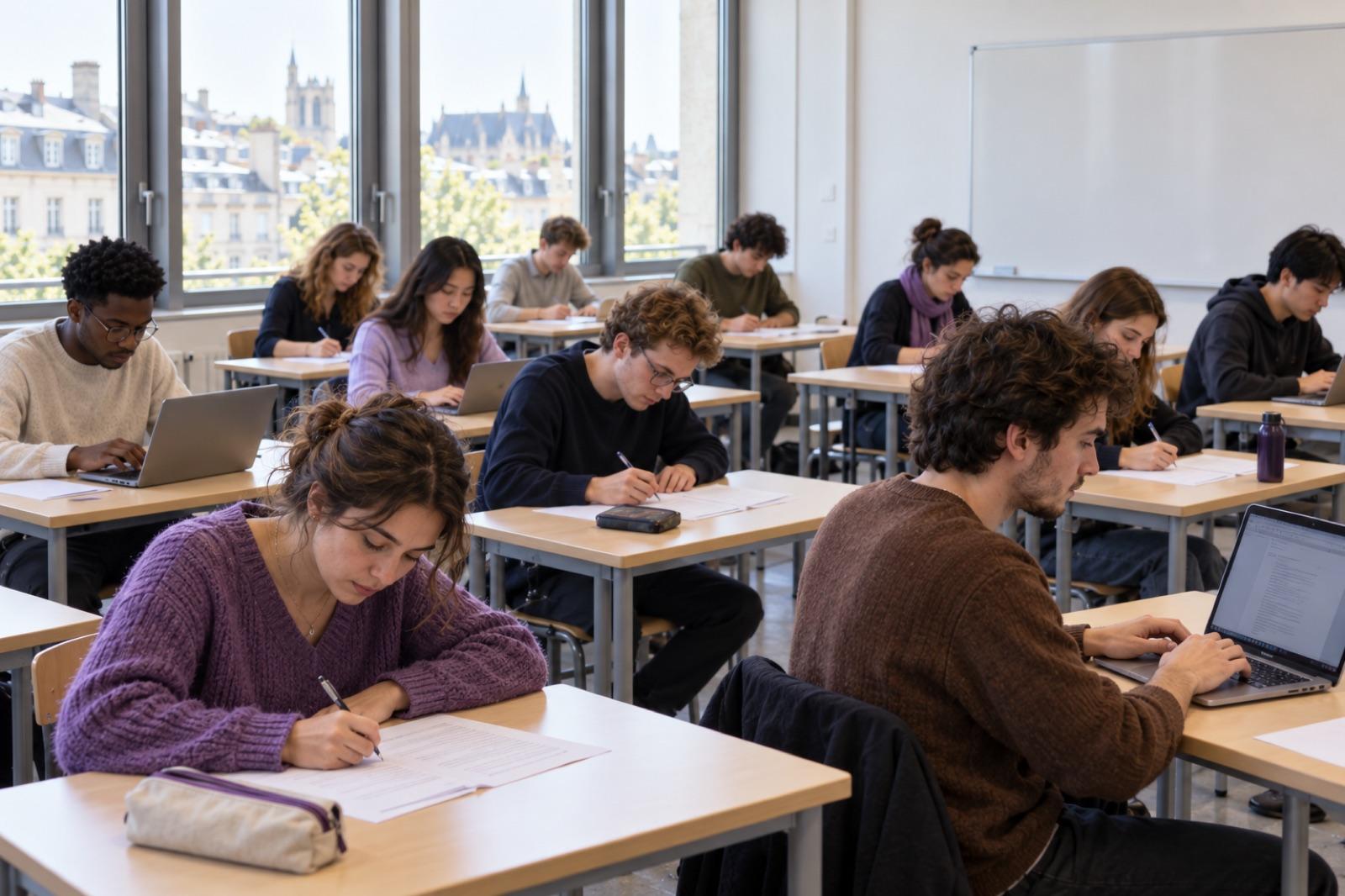 Des étudiants composent une épreuve en salle, sur papier et sur ordinateur.