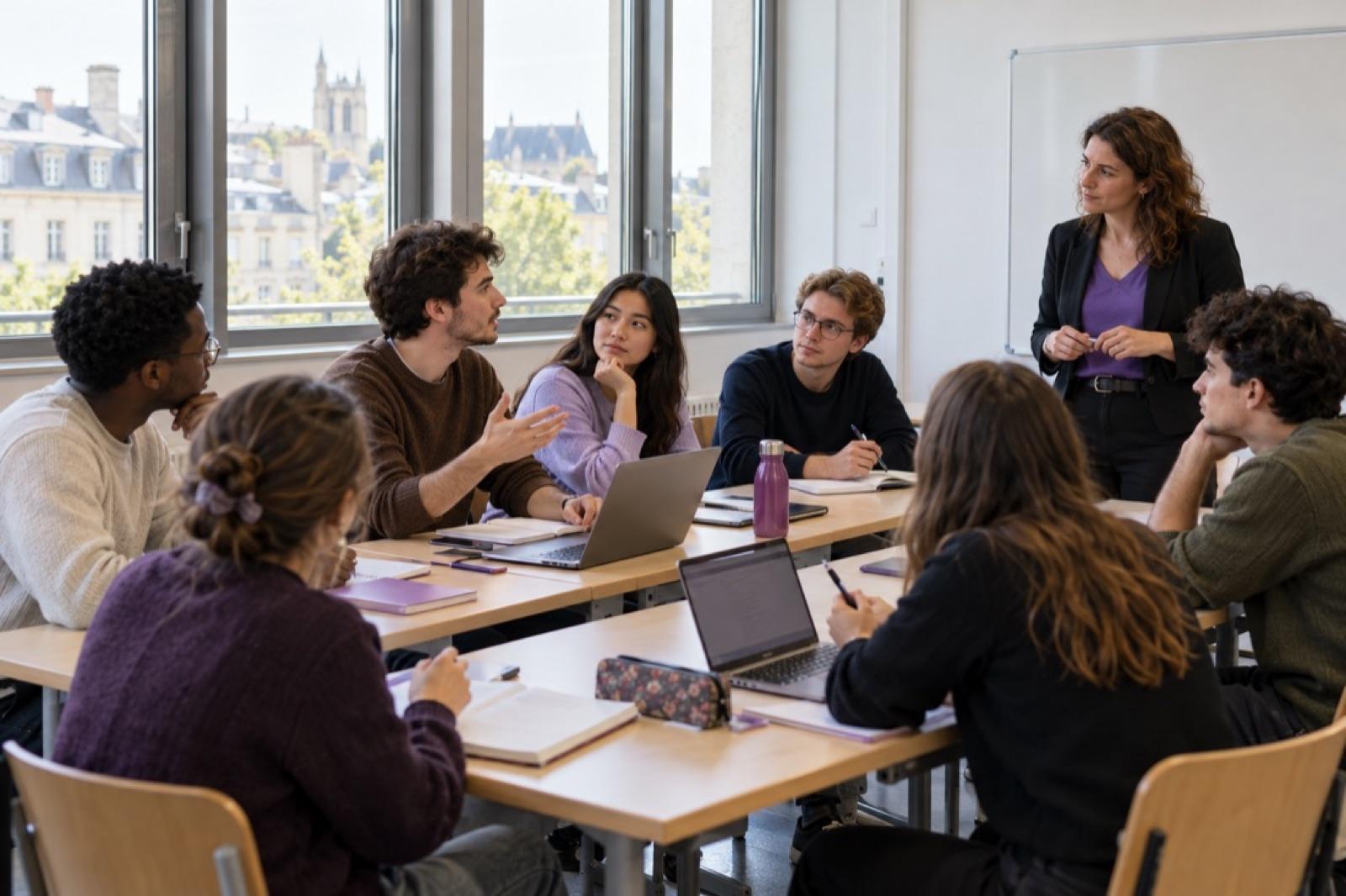 Des étudiants échangent en classe avec leur enseignante.