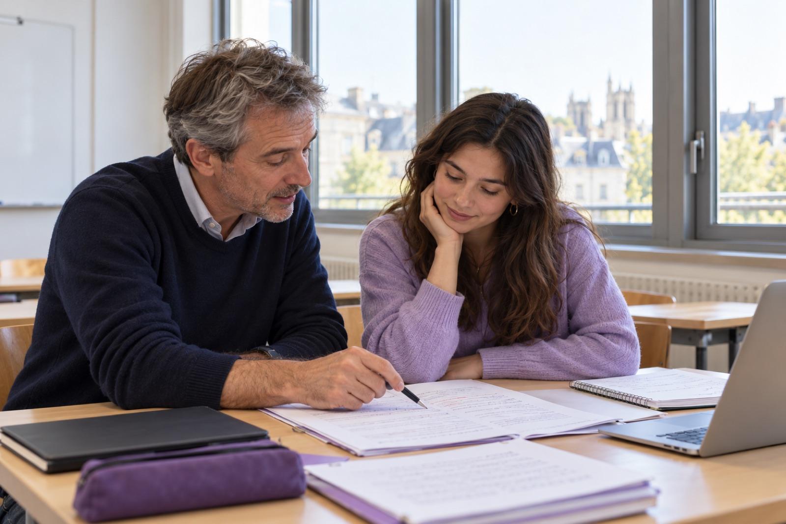 Un enseignant explique à une étudiante un passage de sa copie annotée ; elle comprend son erreur.
