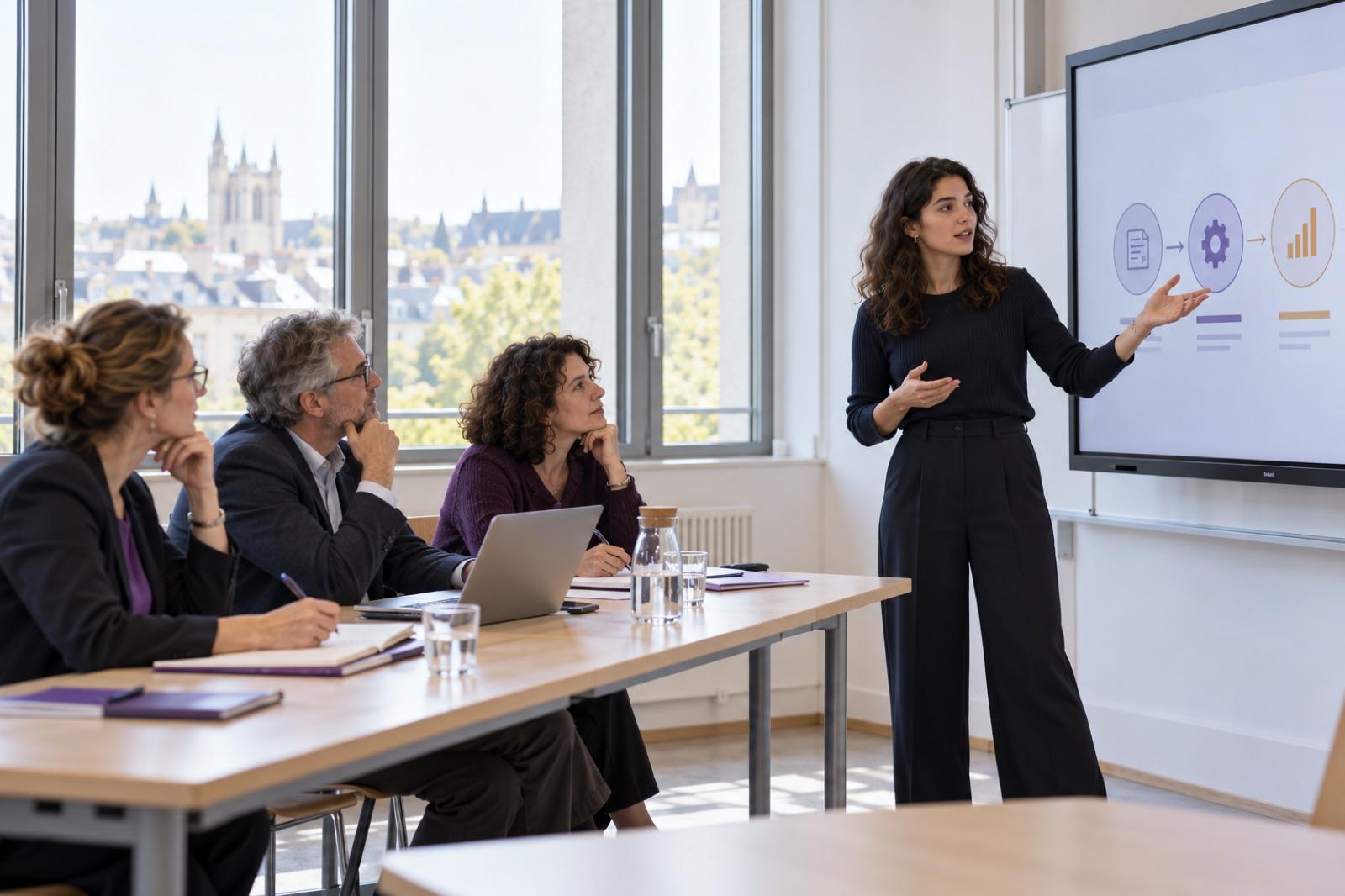 Une étudiante présente son projet devant un jury de trois enseignants qui prennent des notes.